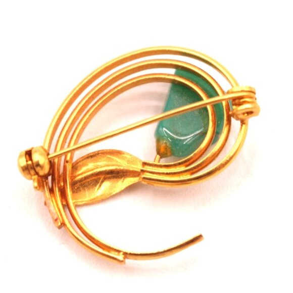 Vintage Leaf Brooch Pin Faux Turquoise Glass Cabochon Unsigned MCM Pc Gold Tone - Picture 7 of 9